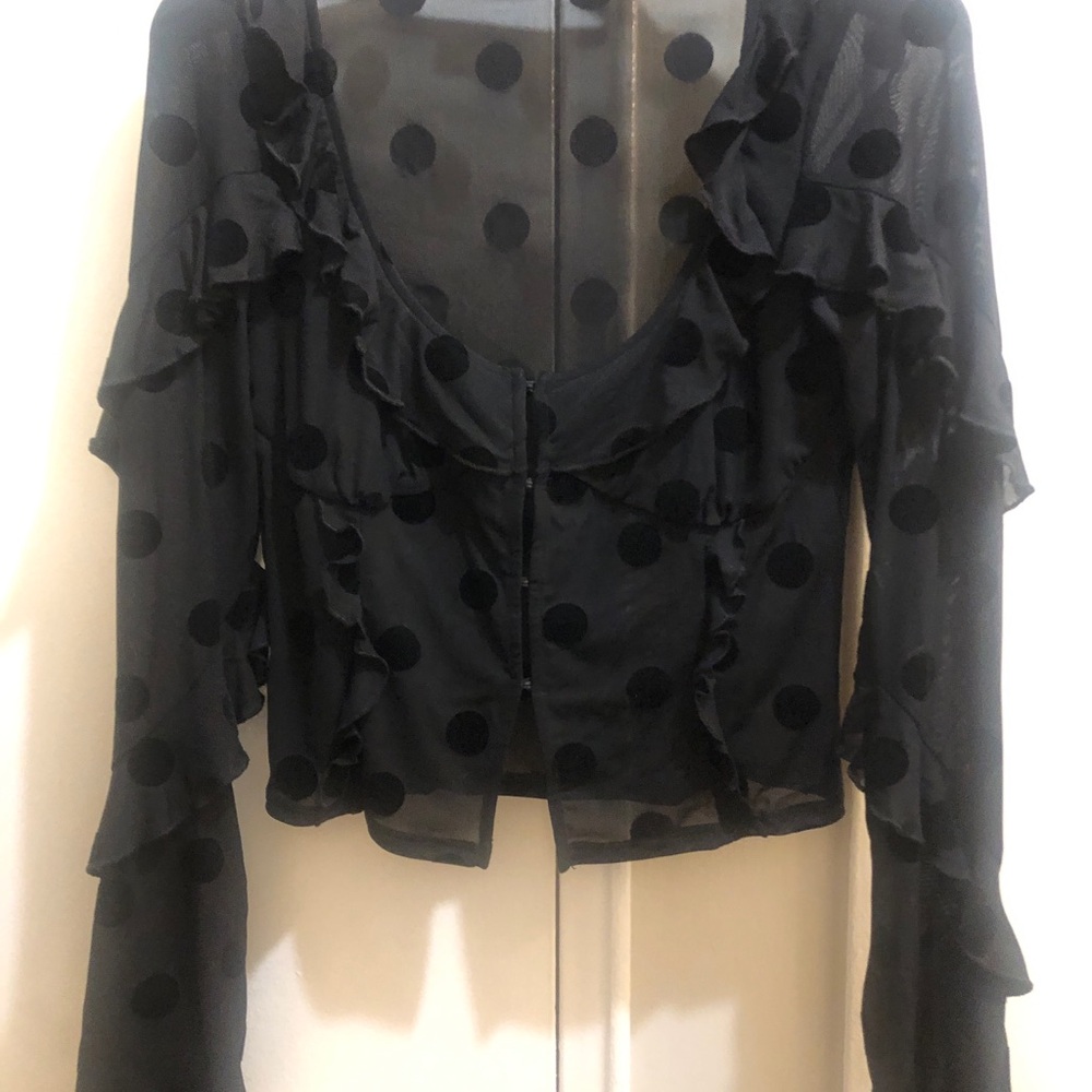 House of Harlow 1960 Black Velvet Polka Dot Ruffle Sheer Blouse